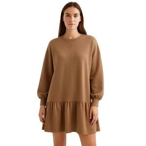 Gilli Camel Brown Long Sleeve Ruffle Hem Sweatshirt Dress